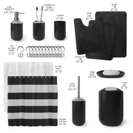 Clara Clark Clara Clark Bathroom Set - Black Bathroom Accessories Set, Bathroom Sets with Shower Curtain and Rugs, 23PC Shower Curtain Set with Liner, Soap Dispenser, Toilet Brush, & Trash Can