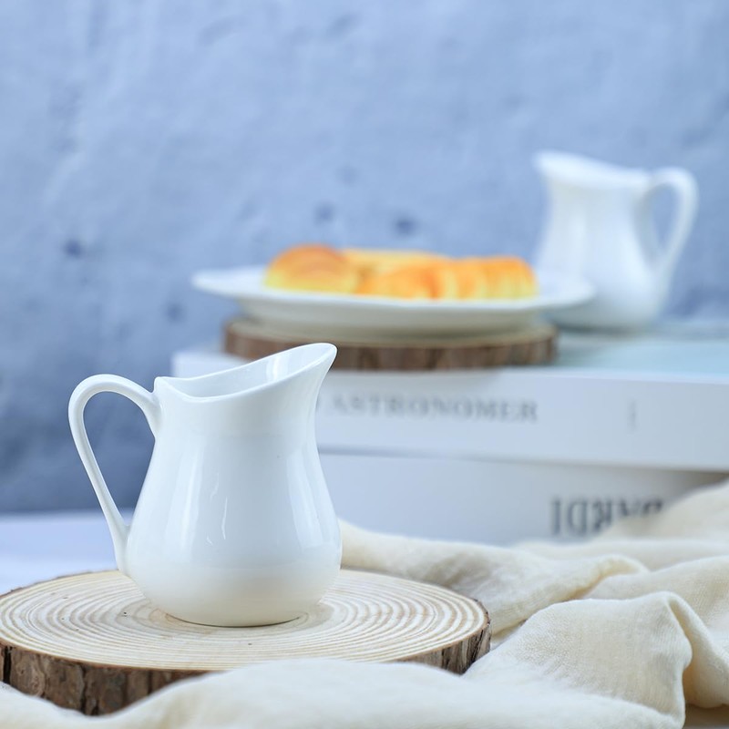 Sizikato 2pcs Pure White Ceramic Creamer with Handle, Mini Coffee