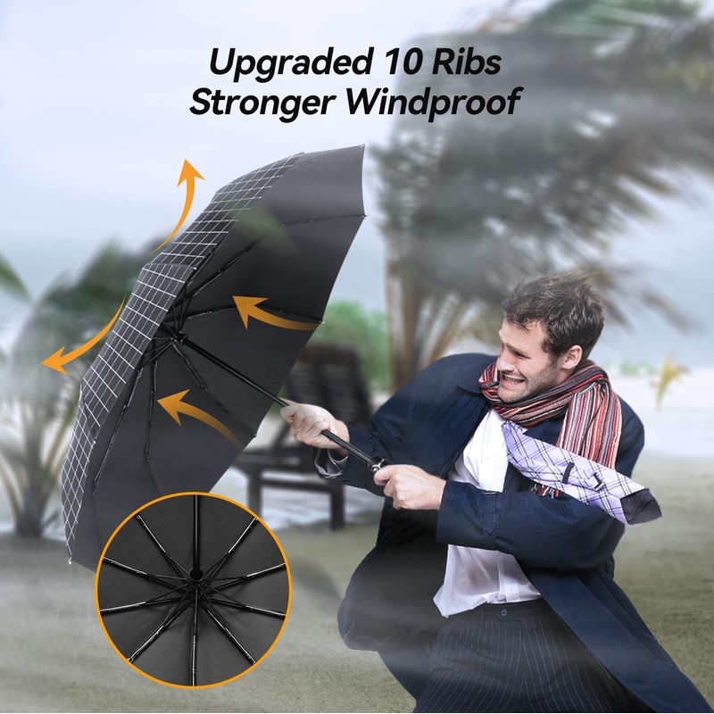 TechRise Umbrella Windproof Travel Umbrella: 10 Ribs Automatic Compact Strong