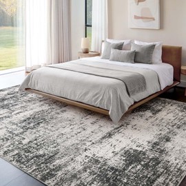 Area Rug Living Room Washable Rugs: 8x10 Modern Neutral Abstract Low Pile Non Slip Floor Carpet - Large Soft Thin Stain Resistant Rug for Bedroom Dining Indoor Office Home, Dark Grey
