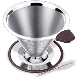 FOXAS Pour Over Coffee Filter Dripper, Reusable Stainless Steel Metal Drip Coffee Maker Cone, Paperless Permanent Coffee Strainer, Coffee Mesh Filters for 1-4 Cup with Cleaning Brush