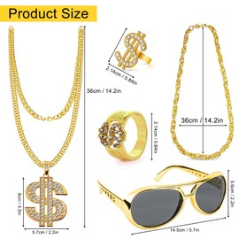 Herbst 80s Fancy Dress Accessories Gold Chain Costume, 5 Pieces Dollar Chain Gold Chain Men's Fancy Dress Carnival Costume Rings Sunglasses Gold Chain Set Rap Hip Hop Accessories, gold