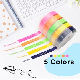 TITBIT 3D Embossing Tape Compatible for Dymo Omega Label Tape 9mm 3/8 White on Flourescent Pink Flourescent Orange,Green/Light Yellow/Dark Blue for Dymo Omega S0717930 Junior S0717900, 5-Roll