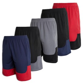 Real Essentials Boys' 5-Pack Mesh Active Athletic Performance Basketball Shorts with Pockets, Set 7, Large