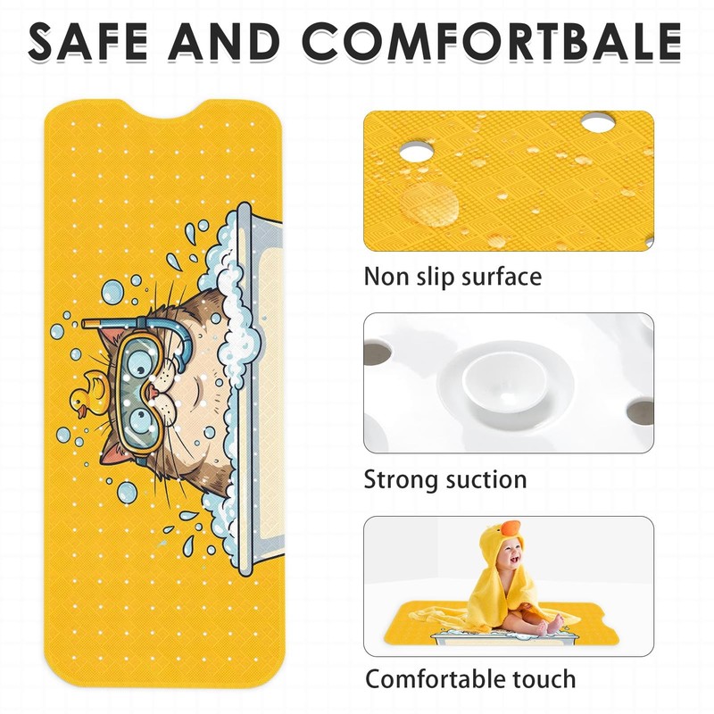 Bathtub Shower Mat 40X16 Inch, Non-Slip, for Toddler, Cat Kawaii