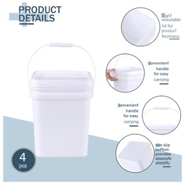 Yesdate 4 Pcs 5 Gallon Plastic Bucket with Airtight Lid, Square Food Plastic Bucket Pail, Heavy Duty Reusable Water Bucket with Handle