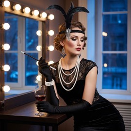 FANBOLD Accesorios Gatsby Mujer para Fiesta Halloween,Disfraz Años 20 con Guantes blancos Largos Mujer Satin y Diadema Años 20 y Collar de Perlas,1920 Gatsby Accesorios Flapper Costume
