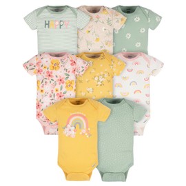 Gerber Baby Girl's 8-Pack Short Sleeve Onesies Bodysuits, Golden Floral, 0-3 Months