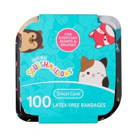 Smart Care Squishmallow Bandage Kit, Cute Bandages for Kids, Infants & Children, Latex-Free, Assorted Variety Pack with Travel Size Tin Case, 100CT