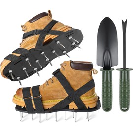 KAIYOCA Lawn Aerator Shoes, Grass Aerator Shoes for Self Levelling Floor with 2pcs Metal Shovel, Upgrade Adjustable X-cross Hook Loop Straps, Spike Shoes Soil Aerator Tool for Yard Patio Lawn Garden
