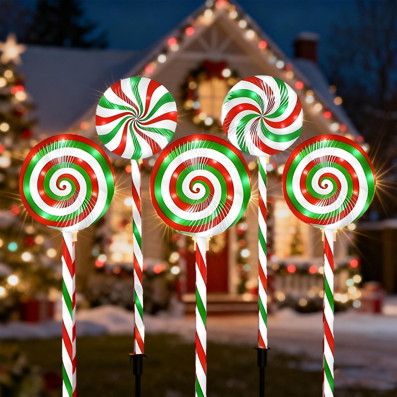 VERLIAN Christmas Lollipop Pathway Lights-5 Pack Solar Powered Outdoor Garden