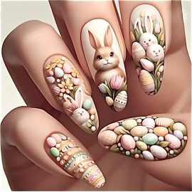 Unbranded 24pc Cute Pastel Easter Press On Nails Bunnies Eggs Long Stiletto ReusableGlossy