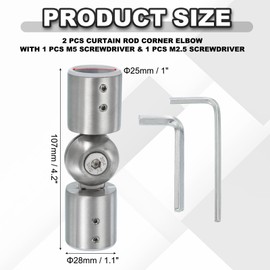 PATIKIL Window Corner Curtain Rod Connector, 2 Pcs Adjustable Curtain Rod Corner Connector Hinged Elbow Connector with Screwdriver for 1 Inch Bay Window Curtain Rod, Silver