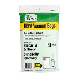 Clean Obsessed H-10 HEPA Bags Fits Riccar Brilliance Type W & Simplicity Synchrony Models. (9 Bag Pack)
