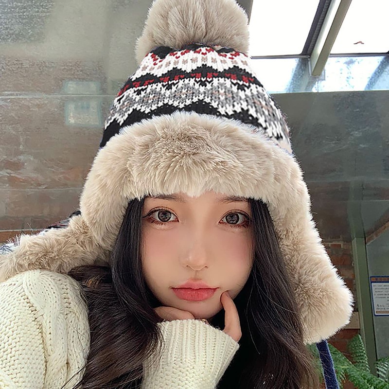 Women Teens Coldproof Knitted Trapper Hat with Thick Faux Fur