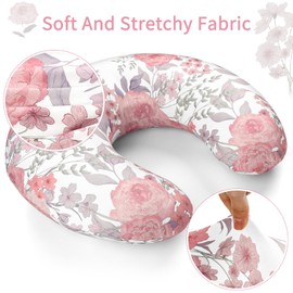 Nursing Pillow Cover, Breastfeeding Pillow Cover Stretchy Removable Feeding Pillowcase for Newborn, Ultra Soft and Comfortable Nursing Pillow Slipcover for Baby Girls Boys, Pink Floral
