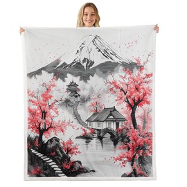 Erosebridal Japanese Ukiyo Throw Blanket Throw 50"X60" Mount Fuji Cherry Blossom Sherpa Blanket Ink Painting Style Japanese Fleece Blanket for Kids Adults Sakura Flower Vintage Plush Bed Blanket