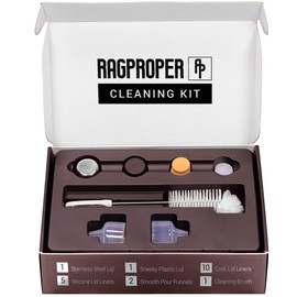 Ragproper Glass Flask Accessory Kit - Cleaning Set with Cleaning Brush, Silicone & Cork Lid Liners, Stainless Steel & Plastic Lids & Smooth Pour Funnels (Single Shot, 100mL)