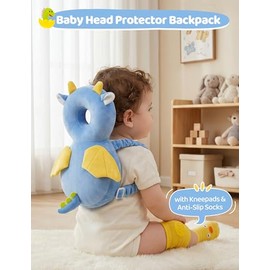 JunNeng Mochila Protectora de Cabeza para Bebé Caminante con Rodilleras y Calcetines Antideslizantes, Dinosaurio
