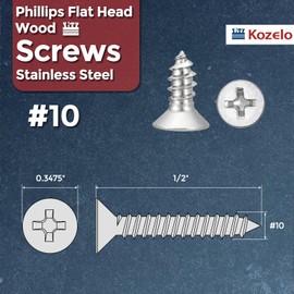 Kozelo 200pcs Phillips Flat Head Wood Screws - [#10x1/2] 304 Stainless Steel Countersunk Self Tapping Screws for Furniture Assembly, Interior Trim, Outdoor Construction, Silver