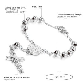 Cupimatch Damen Herren Religiöse Silber Ton Edelstahl Rosenkranz Wundertätige Medaille Kruzifix Kreuz Charme Link Kette Armband 21,8 cm