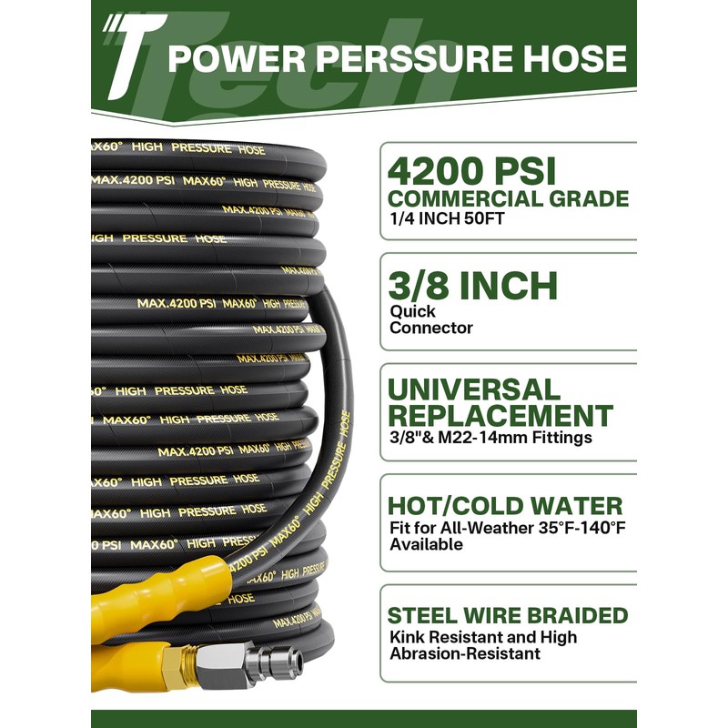 4200PSI Pressure Washer Hose 50FT with 3/8" Swivel Quick Connect