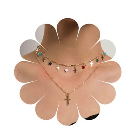 Yheakne Boho Layerer Cross Choker Necklace Rainbow Gemstone Dangle Necklace Gold Cross Pendant Necklace Love Heart Necklace Chain Jewellery for Women and Girls