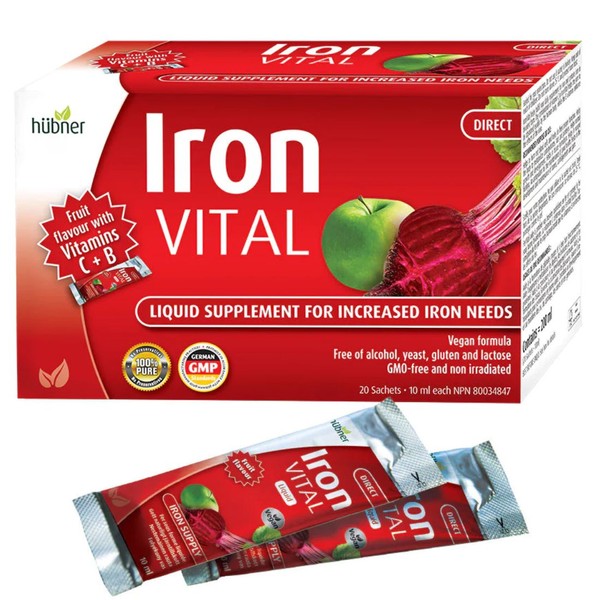 Hubner Iron Vital, Liquid Iron Supplement (Great Tasting!), 20 x 10ml Sachets / Natural Fruit Flavour