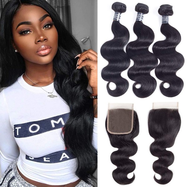 Amella Hair Brazilian Body Wave with Closure (12 14 16 +12Closure) 3 Bundles of Brazilian Hair with Free Part closure 8A Unprocessed Human Hair Weaves Natural Black