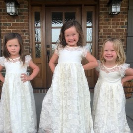 DZdress Girls Toddler Communion Full-Length Off-White Kids Lace Wedding Party Princess Flower Girl Dresses Sleeves with Belt (as1, Age, 14_Years)