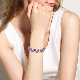 EVER FAITH Gorgeous Cubic Zirconia Birthstone Elegant Dual Layer Tear Drop Wedding Prom Tennis Bracelet for Women Purple Silver-Tone