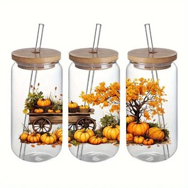 4pcs Autumn Pumpkin UV DTF Cup Wraps Winter UV DTF Transfer Waterproof Sticker for Glass Cups Furniture Craft DIY Crafts，Rub on Transfer Stickers for DIY Water Bottle Laptop Decal Wood Car