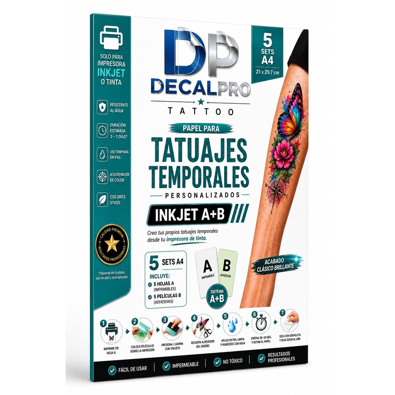 DecalPro Papel para Tatuajes Temporales Inkjet A+B, 5 Sets A4,