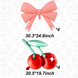 4 Pcs Cherry Balloons 4 Pcs Pink Bow Balloons for Birthday Baby Shower Wedding Theme Cherry Party Decorations