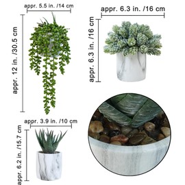 Winlyn Set of 3 Small Artificial Succulent Potted Plants Fake Aloe Hops String of Pearls in Modern Marble Ceramic Planter for Home Garden Bathroom Shelf Office Desk Tabletop Indoor Outdoor Décor