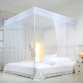 naturetalk Bed Canopy, Princess Bed Curtain Net for Girls & Adults，Three-Doors Rectangle Lace Dome Netting (White, Queen)