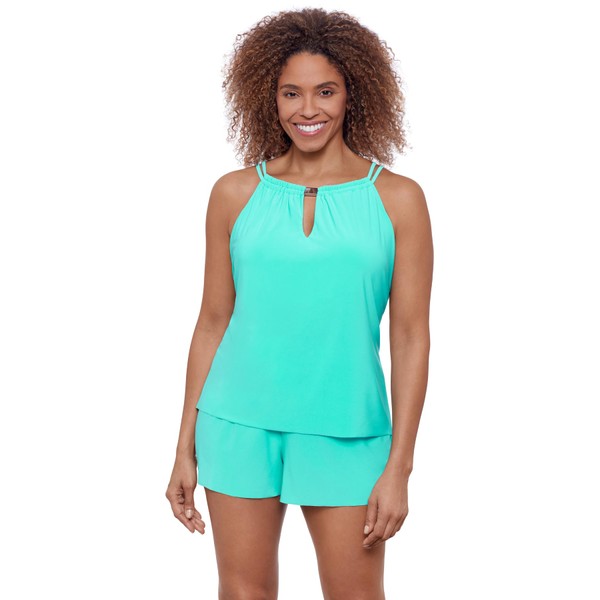 Aqua Green Women's Standard Keyhole High Neck Tankini Top, Midori