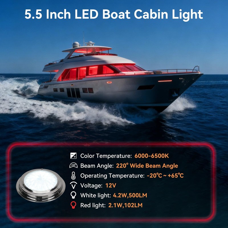 5.5 Inch 12V Dual-Color LED Boat Dome Light with Toggle