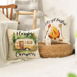 AVOIN colorlife Happy Campers Let's Get Together Throw Pillow Covers 18x18 Inch Set of 4, Camper Saying Campfire Decoration for Sofa Couch