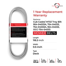 954-04033A Deck Belt Replacement for Cub Cadet, Length 118.2", Heavy-Duty, Aramid Cord Belt Replaces 754-0433, 954-0433 on MTD LT1022 (45,46), RZT-L42 (S42, S46), Craftsman Z6000, Troy-Bilt Mustang 42