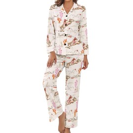 DGTXWIT Women's Pajama Suit Cute Rodeo Cowgirl Long Sleeve Button-Up Top & Pants with Pockets, Comfy Nightwear Loungwear S