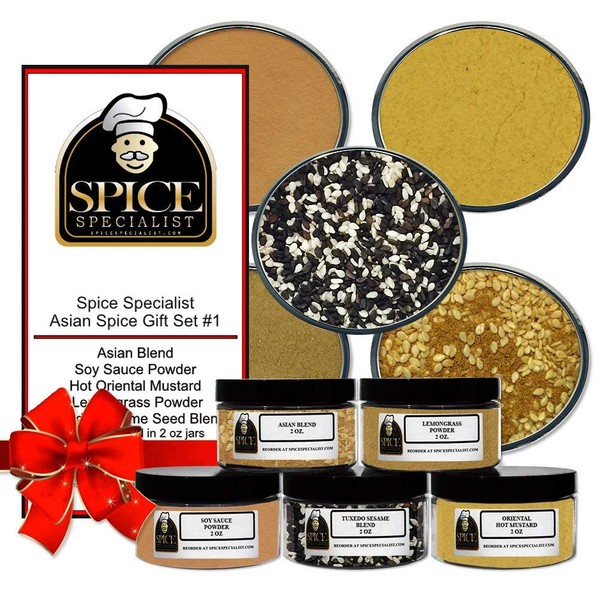 Spice Specialist Asia Gift Set #1 - Our Asian Cuisine Set Contains Five 2oz. Jars (1 each of: Asian Seasoning, Lemongrass Powder, Soy Sauce Powder, Hot Oriental Mustard & Tuxedo Sesame Seeds)