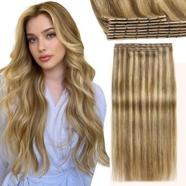 LADY MIRANDA OVO Double Weft Human Hair Extensions 20 Inch 8Pcs 100g Weft Hair Extensions Human Hair Invisible PU Skin Weft Real Hair Extensions with Micro Beads (Mixed Blonde, 20 Inch)