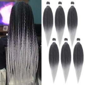 Braiding Hair PreStretched 20 Inch 6 Packs Easy Braids Crochet Braiding Hair Ombre Black to Gray Synthetic Crochet Hair Braids Yaki Texture Hair Braiding(20Inch,1B/Silver#)