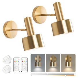 KELUOLY Battery Operated Wall Lights Set of 2, Wireless Battery Powered Wall Sconce, Modern Metal Indoor Wall Lamp, Dimmable with Remote, Suitable for Living Room Bedroom Golden-Like Brass Finish