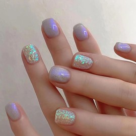 Press on Nails Short Square False Nails Aurora Purple Fake Nails Artificial Acrylic Nails Glitter Sequins Design Light Purple Artificial Nails Full Cover Reusable Coffin Nails Glue on Nails for Women
