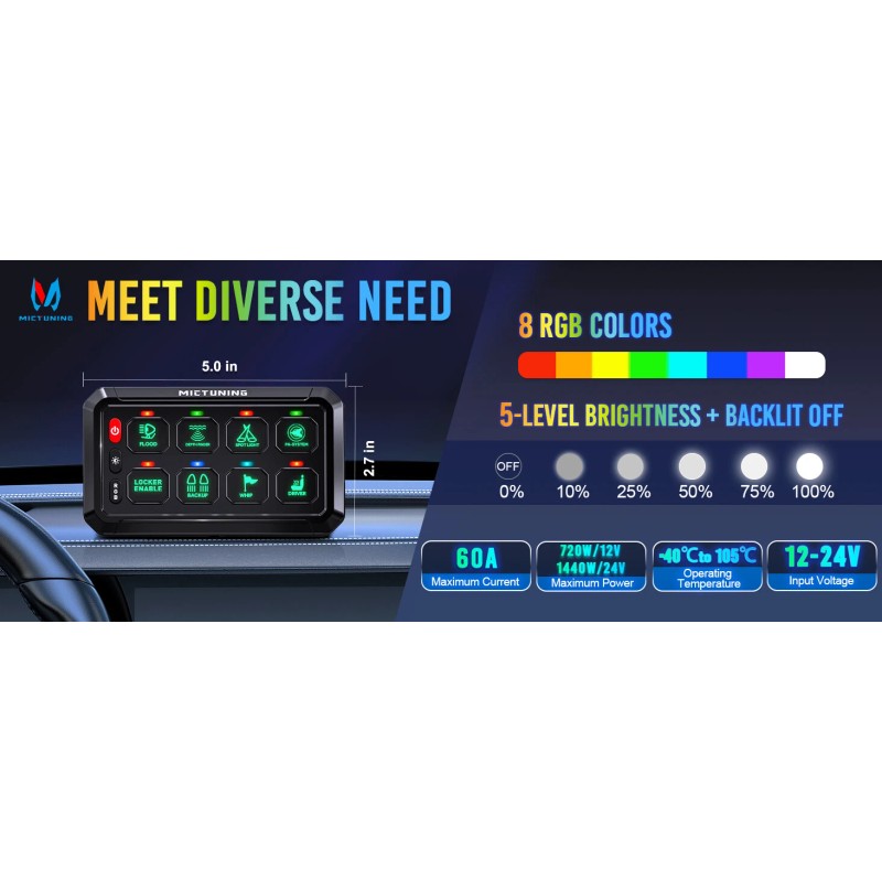 MICTUNING RGB 8 Gang Switch Panel ON/OFF LED Light Bar