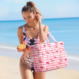 oscaurt Beach Bags Large Tote Bag with Zip Waterproof Foldable Weekend Bag Lightweight Travel Gym Bag for Women Holiday Essentials Handbags with Multi Pockets