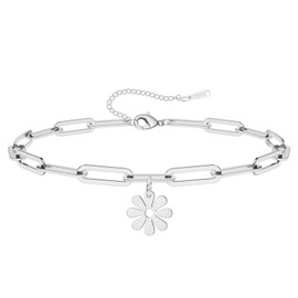 Dreamtimes Daisy Flower Anklet for Women Leaf Anklet Dainty Beach Anklet Jewelry Stainless Steel Adjustable Anklet Summer Boho Charm Jewelry, M, Stainless steel, No
