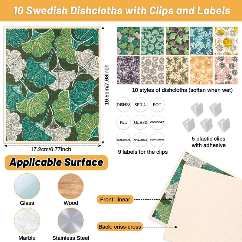 Lucomb 10 Pack Swedish Dishcloths for Kitchen, Reusable Cleaning Cloths